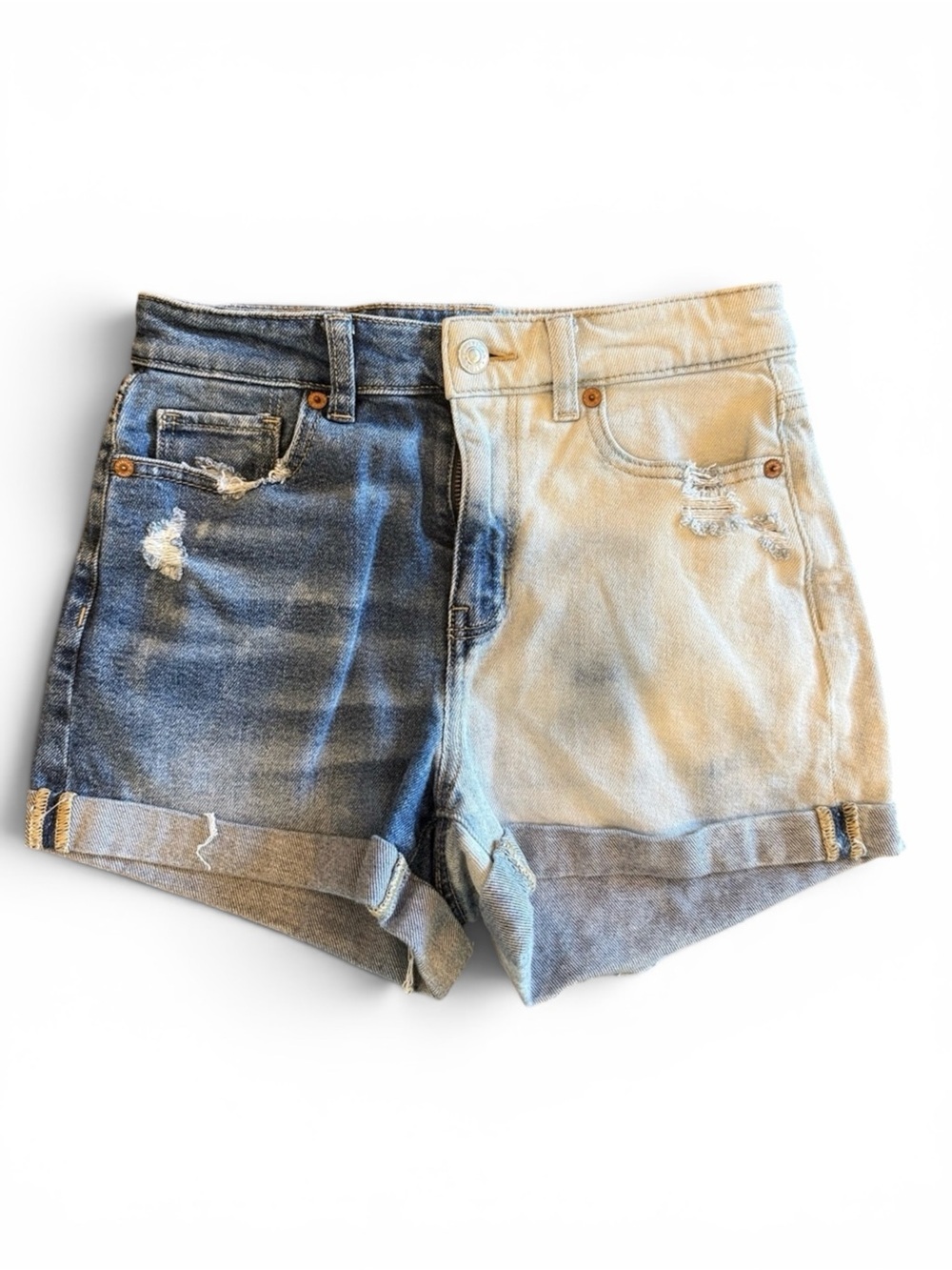 American Eagle Outfitters Two-Tone Distressed Denim Shorts - Blue & Cream